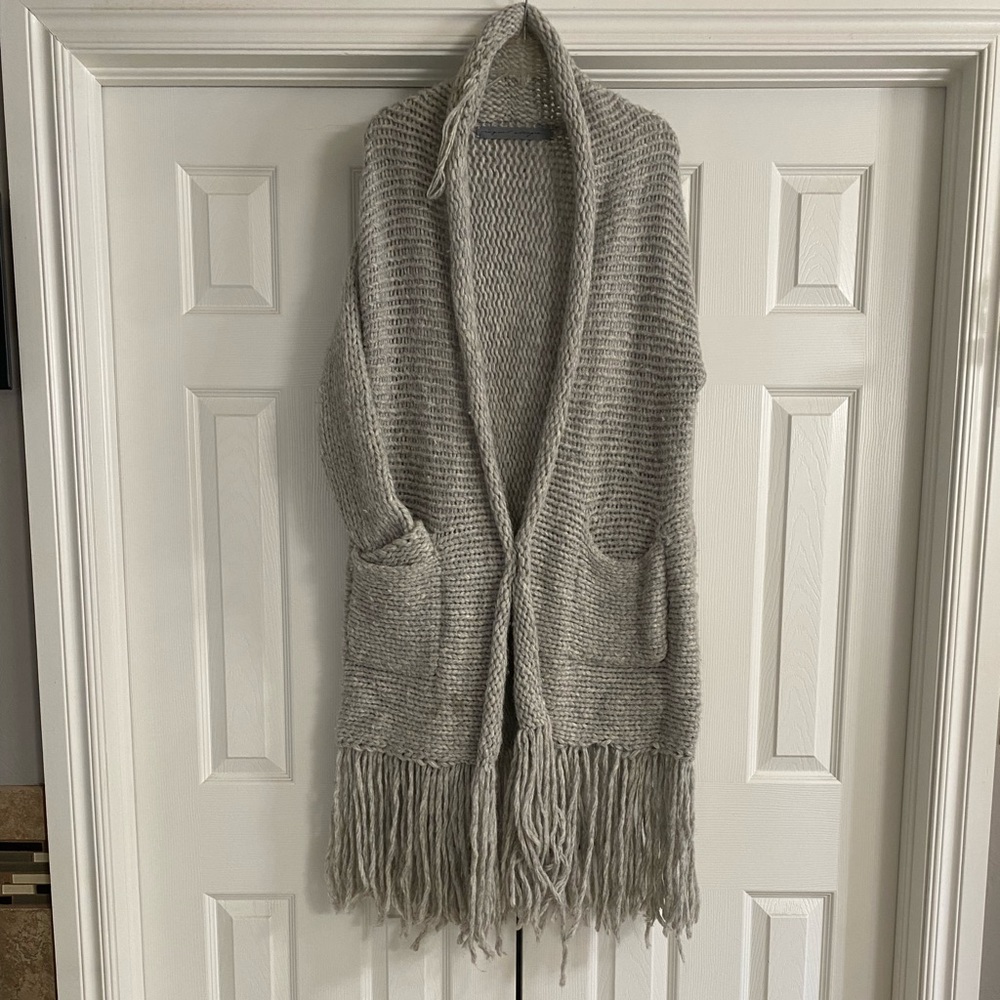 Raquel Allegra Alpaca~Blend, Gray Poncho/Cardigan with fringe and pockets. Size2